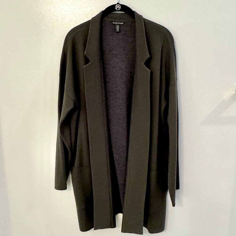 Eileen Fisher | Merino Wool Blend Long Cardigan | Size L | Olive Green/Charcoal